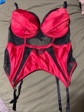 Red and Black Satin Lace Longline Bustier with Adjustable Straps